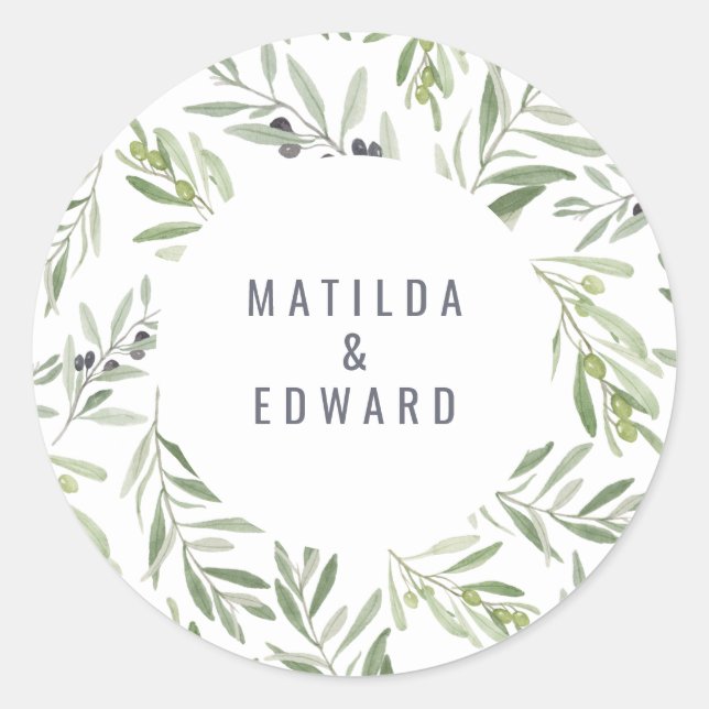 Sticker Rond Mariage de feuillage minime d'olivier moderne (Devant)