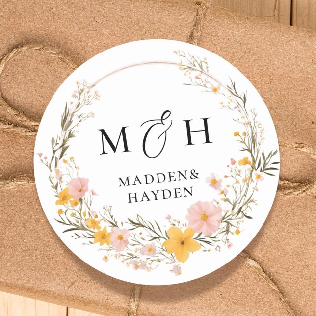 Sticker Rond Mariage de Fleur sauvage de fleurs de Boho neutres (Créateur téléchargé)