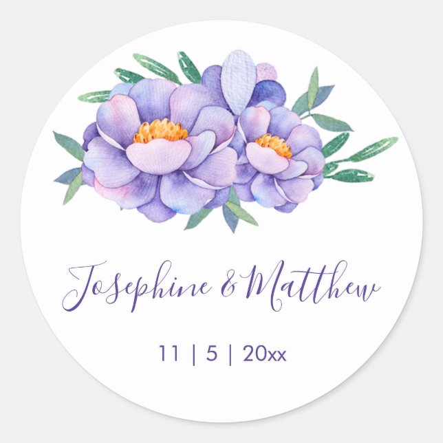 Sticker Rond Mariage de fleurs d'aquarelle violet (Devant)