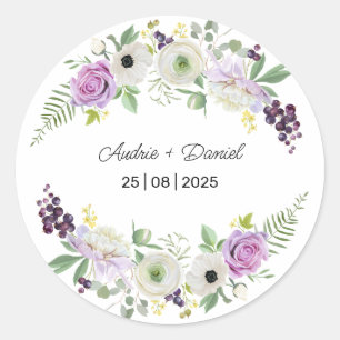 Sticker Rond Mariage de fleurs rustiques violettes et vertes