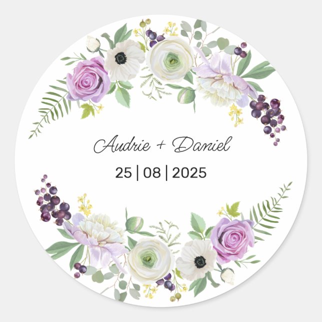 Sticker Rond Mariage de fleurs rustiques violettes et vertes (Devant)