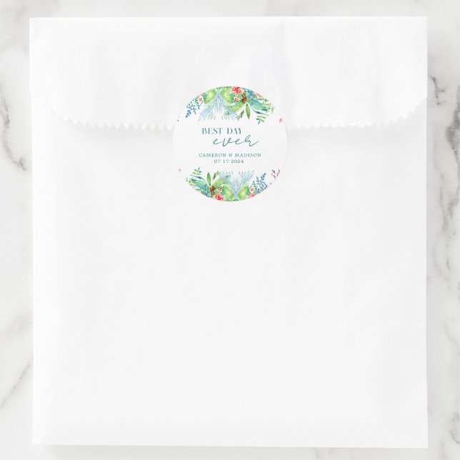 Sticker Rond Mariage de fleurs tropicales peintes à la main (Sac)