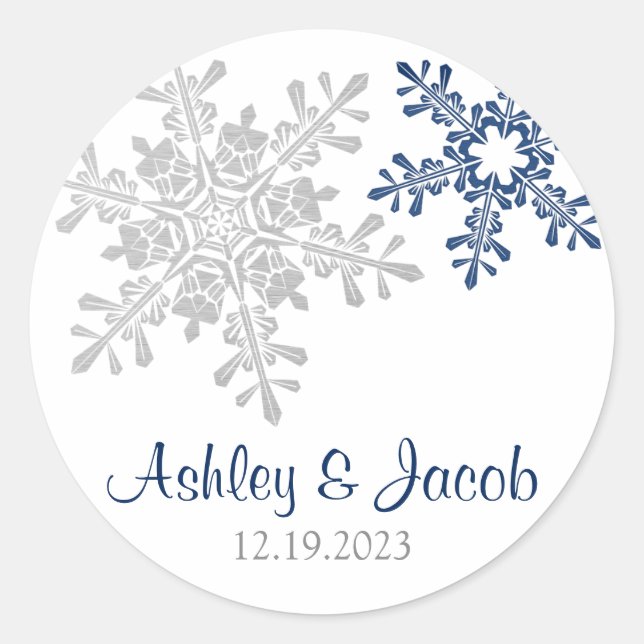 Sticker Rond Mariage de flocons de neige bleu marine (Devant)
