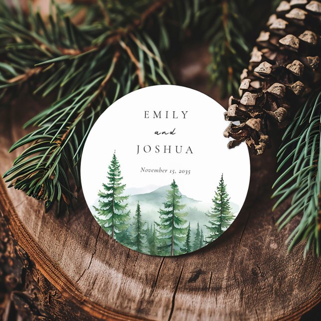 Sticker Rond Mariage de forêt de pins rustiques (Créateur téléchargé)