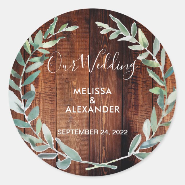 Sticker Rond Mariage de grange rustique feuille aquarelle (Devant)