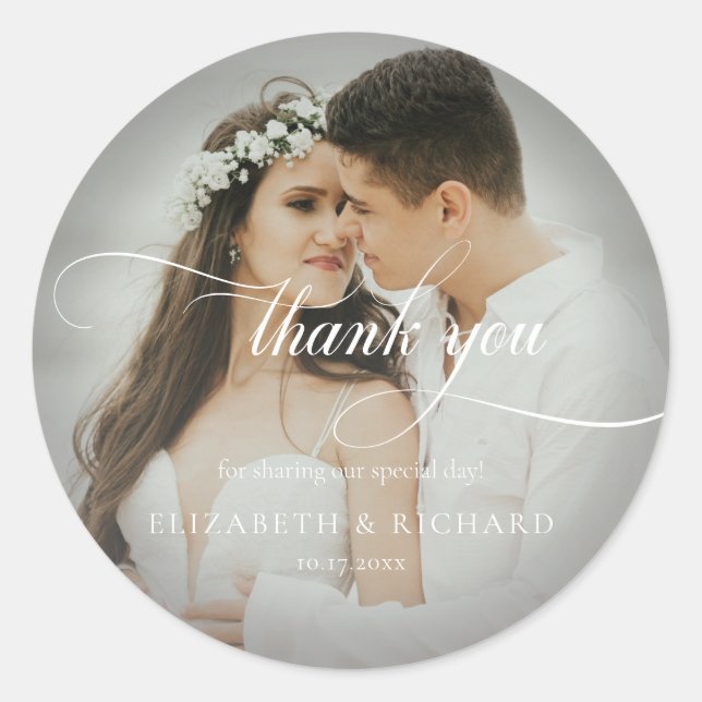 Sticker Rond Mariage de Merci de script de photo délicat (Devant)