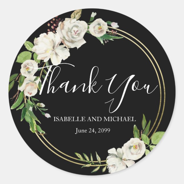 Sticker Rond Mariage de Merci Floral noir et blanc (Devant)