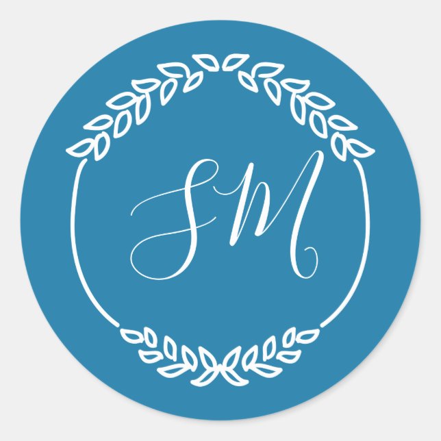 Sticker Rond Mariage de monogramme à feuille blanche bleu turqu (Devant)