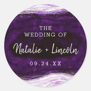 Sticker Rond Mariage de monogramme Amethyst Purple & Silver Geo