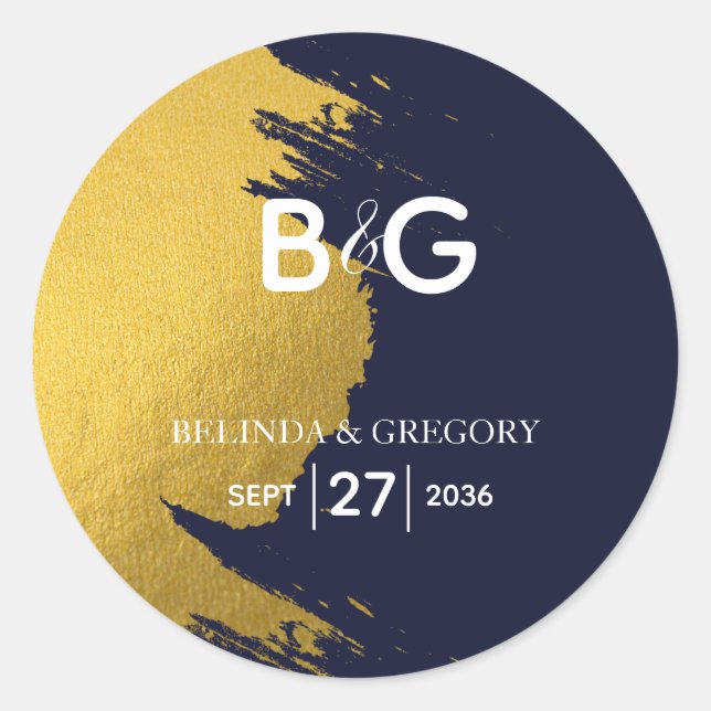 Sticker Rond Mariage de Monogramme bleu de la Marine Faux Gold (Devant)