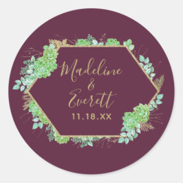 Sticker Rond Mariage de monogramme de cadre doré de succulents 