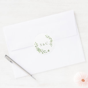 Sticker Rond Mariage de monogramme de couronne feuille verte
