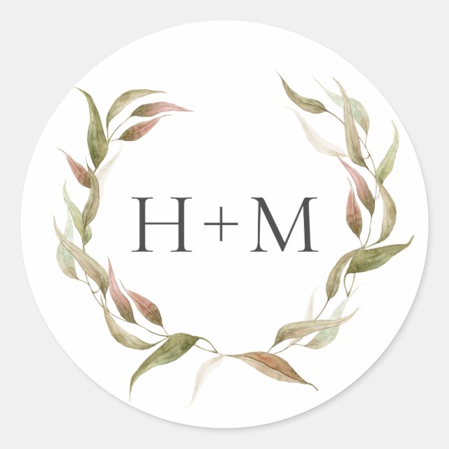 Sticker Rond Mariage de monogramme de courroie Laurel Watercolo (Devant)