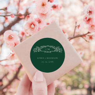 Sticker Rond Mariage de monogramme de crête botanique Emerald G