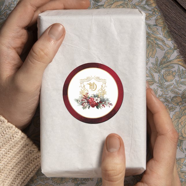 Sticker Rond Mariage de monogramme de crête florale de Noël cla (Créateur téléchargé)