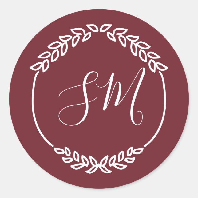 Sticker Rond Mariage de monogramme de feuille blanche bordeaux (Devant)