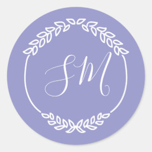 Sticker Rond Mariage de monogramme de feuille blanche violette