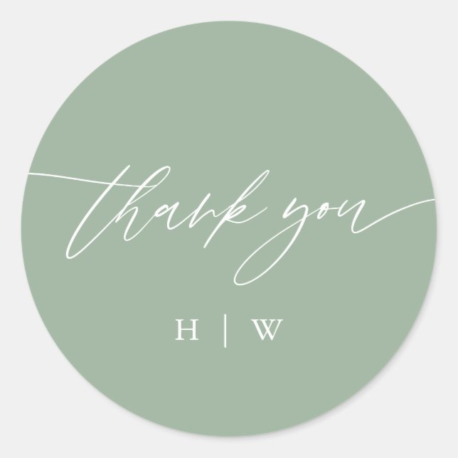 Sticker Rond Mariage de monogramme de Merci vert Sage (Devant)