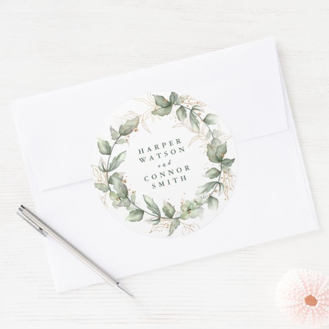 Sticker Rond Mariage de monogramme d'émeraude d'Eucalyptus bota (Enveloppe)