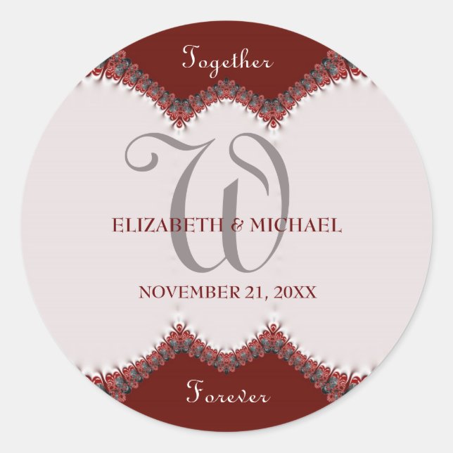Sticker Rond Mariage de monogramme en dentelle rouge et blanche (Devant)