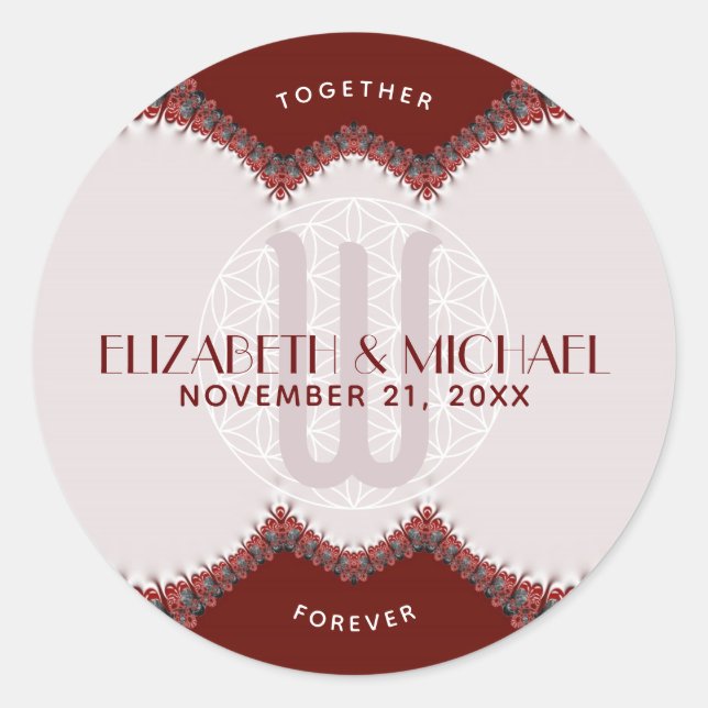 Sticker Rond Mariage de monogramme en dentelle rouge et blanche (Devant)