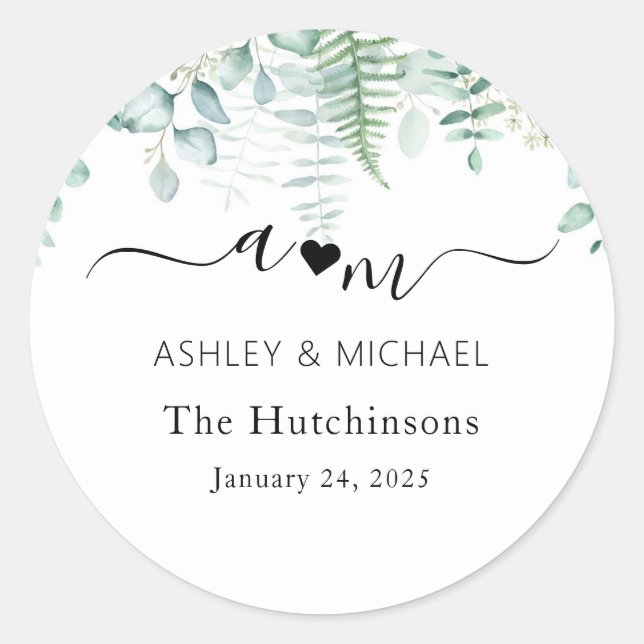 Sticker Rond Mariage de monogramme Eucalyptus (Devant)