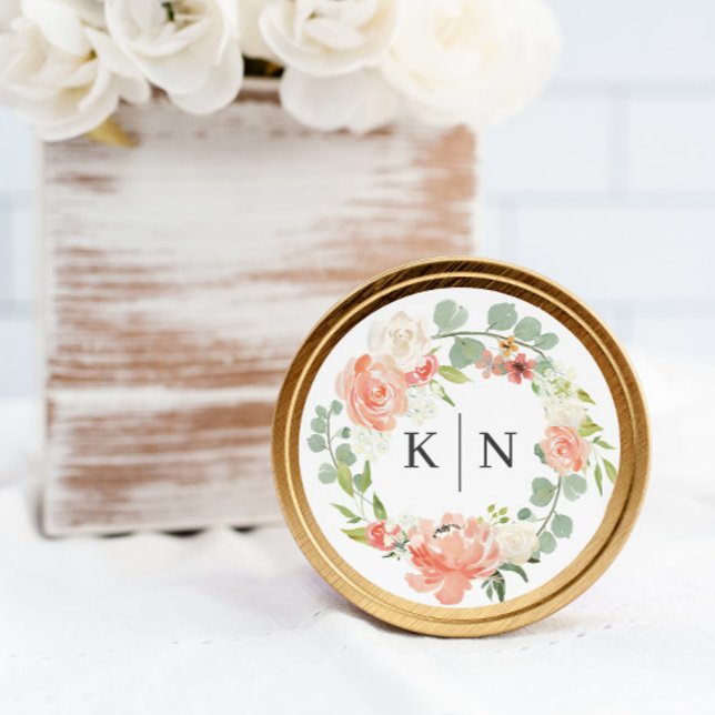 Sticker Rond Mariage de monogramme floral à l'aquarelle douce (Créateur téléchargé)