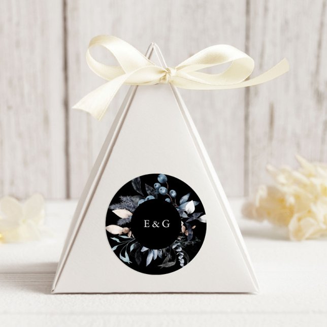 Sticker Rond Mariage de monogramme Floral d'hiver bleu gelé (Créateur téléchargé)