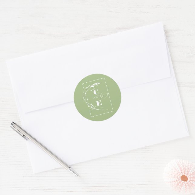 Sticker Rond Mariage de monogramme vert et blanc Sage (Enveloppe)