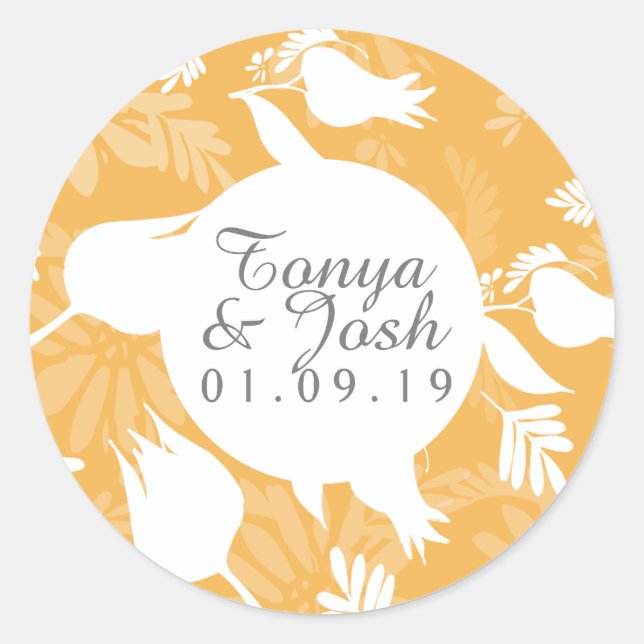 Sticker Rond Mariage de motifs floraux botaniques jaunes (Devant)