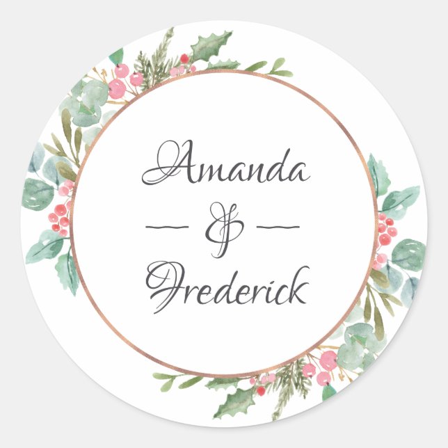 Sticker Rond Mariage de Noël à l'eucalyptus géométrique aquarel (Devant)