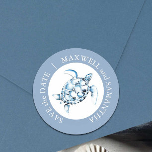 Sticker Rond Mariage de plage Aquarelle Tortue bleue
