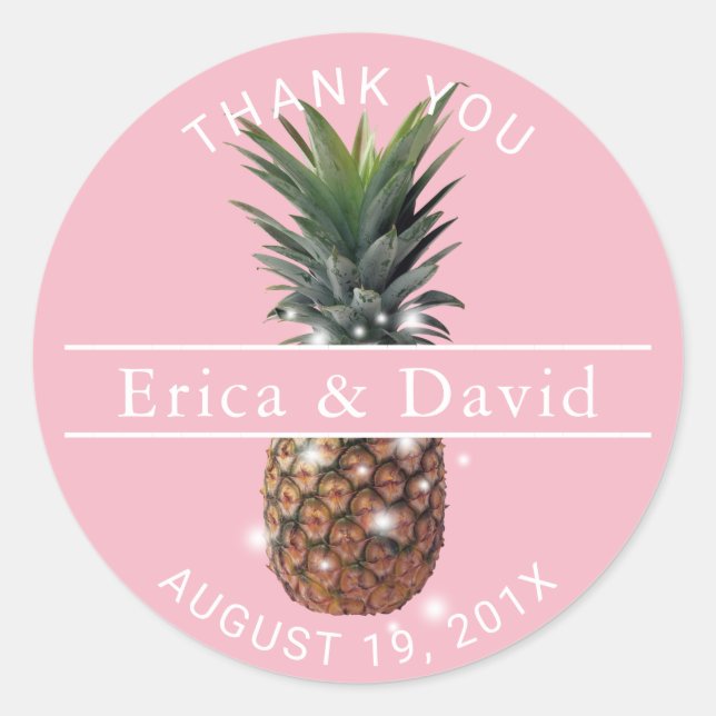 Sticker Rond Mariage de plage d'ananas tropical Merci rose (Devant)