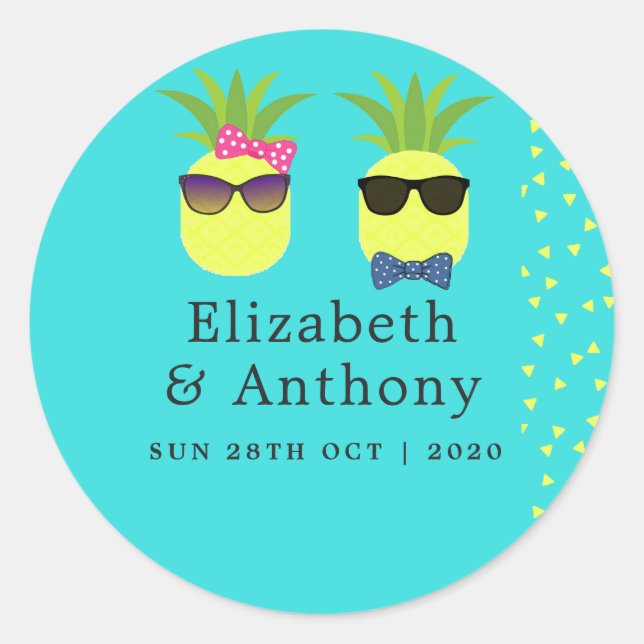 Sticker Rond Mariage de plage d'été turquoise et citron (Devant)