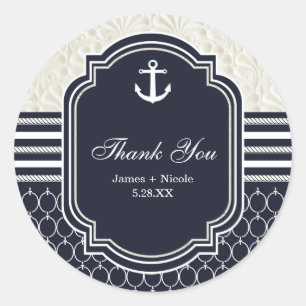 Sticker Rond Mariage de plage élégant bleu marine et blanc