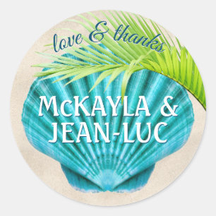 Sticker Rond Mariage de plage Favoriser l'amour et merci Shell 