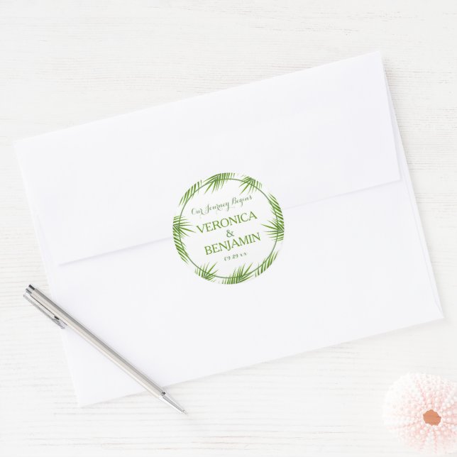 Sticker Rond Mariage de plage Feuille de palme tropical (Enveloppe)