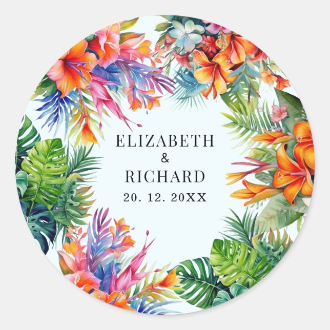 Sticker Rond Mariage de plage fleurie Feuille tropicale (Devant)