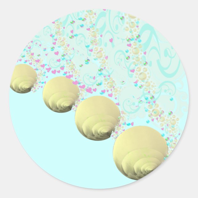 Sticker Rond Mariage de plage rose Blue Gold Seashell (Devant)