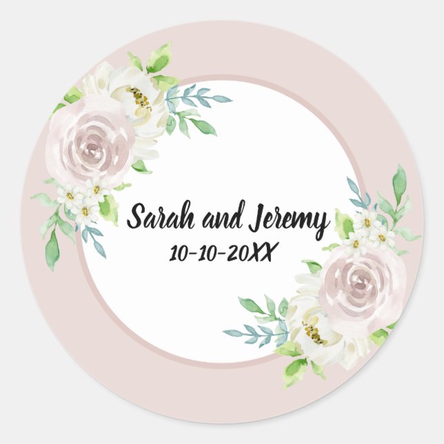 Sticker Rond Mariage de Rose d'aquarelle romantique mauve douce (Devant)