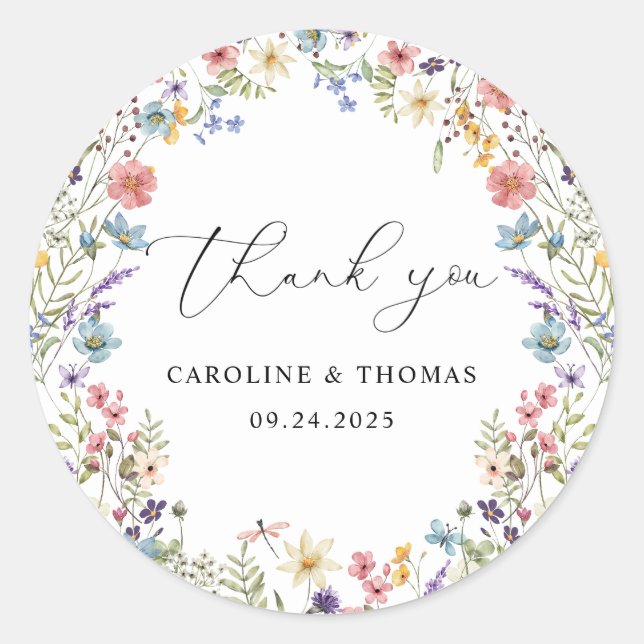 Sticker Rond Mariage de script de Merci de Fleur sauvage élégan (Devant)