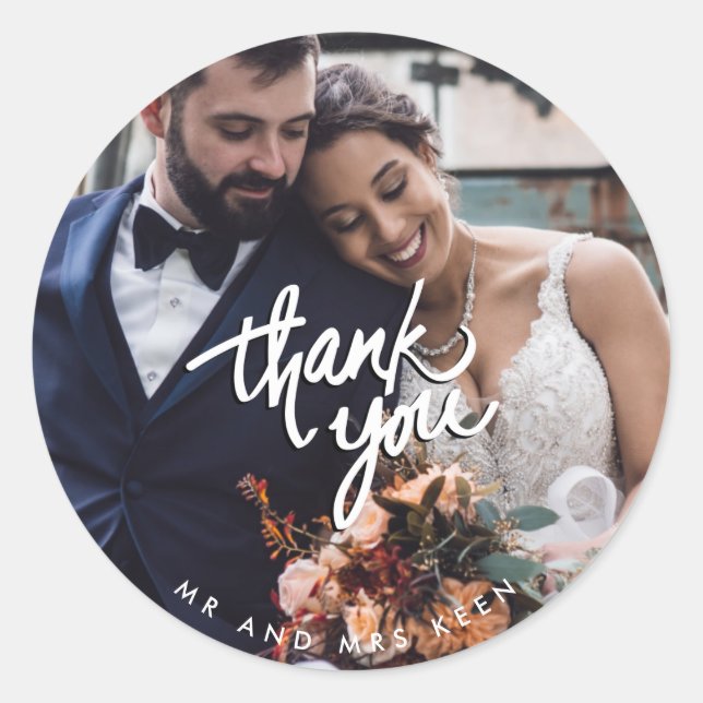 Sticker Rond Mariage de script Mr et Mme Photo Merci Favor (Devant)