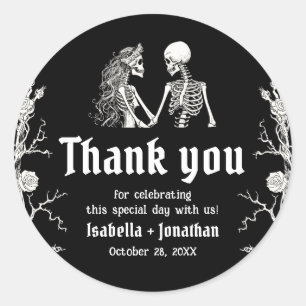Sticker Rond Mariage de squelette gothique Halloween noir et bl