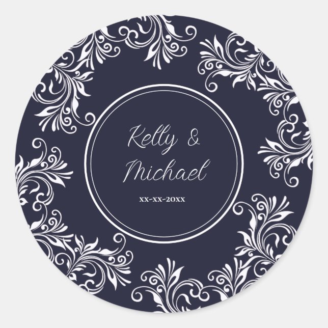 Sticker Rond Mariage de style élégant marine et blanc (Devant)