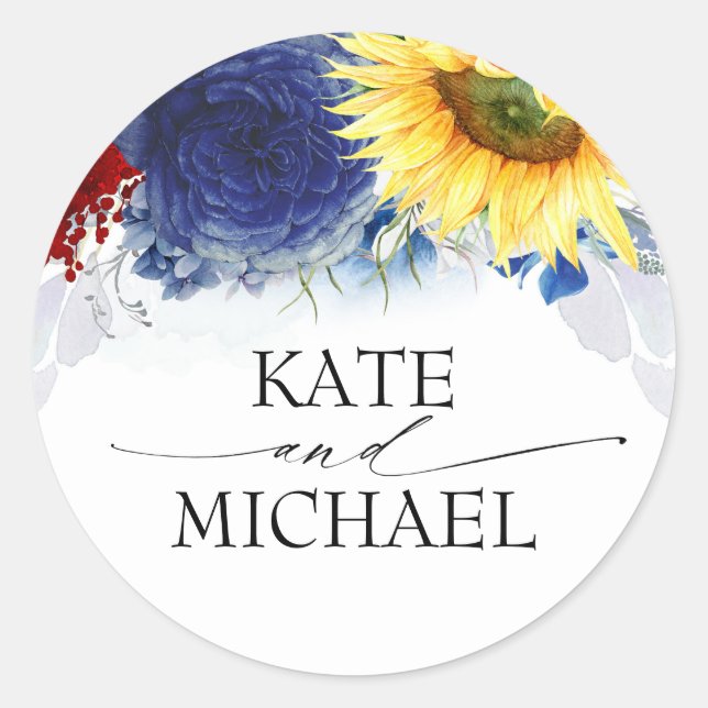 Sticker Rond Mariage de tournesol bleu de la Marine (Devant)
