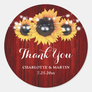 Sticker Rond Mariage de tournesol en bois rouge rustique Favori