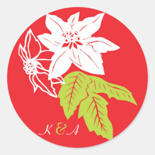 Sticker Rond Mariage de vacances Red & Green Poinsettias