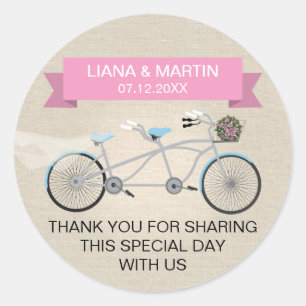 Sticker Rond Mariage de vélo Faux Linen Pink Tandem