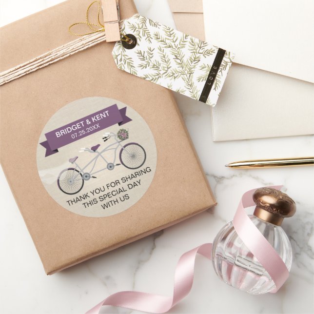 Sticker Rond Mariage de vélo Faux Linen Plum Tandem (Cadeaux)