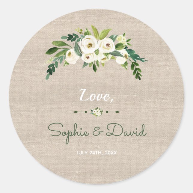 Sticker Rond Mariage d'écriture moderne de Burlap Floral Blanc (Devant)